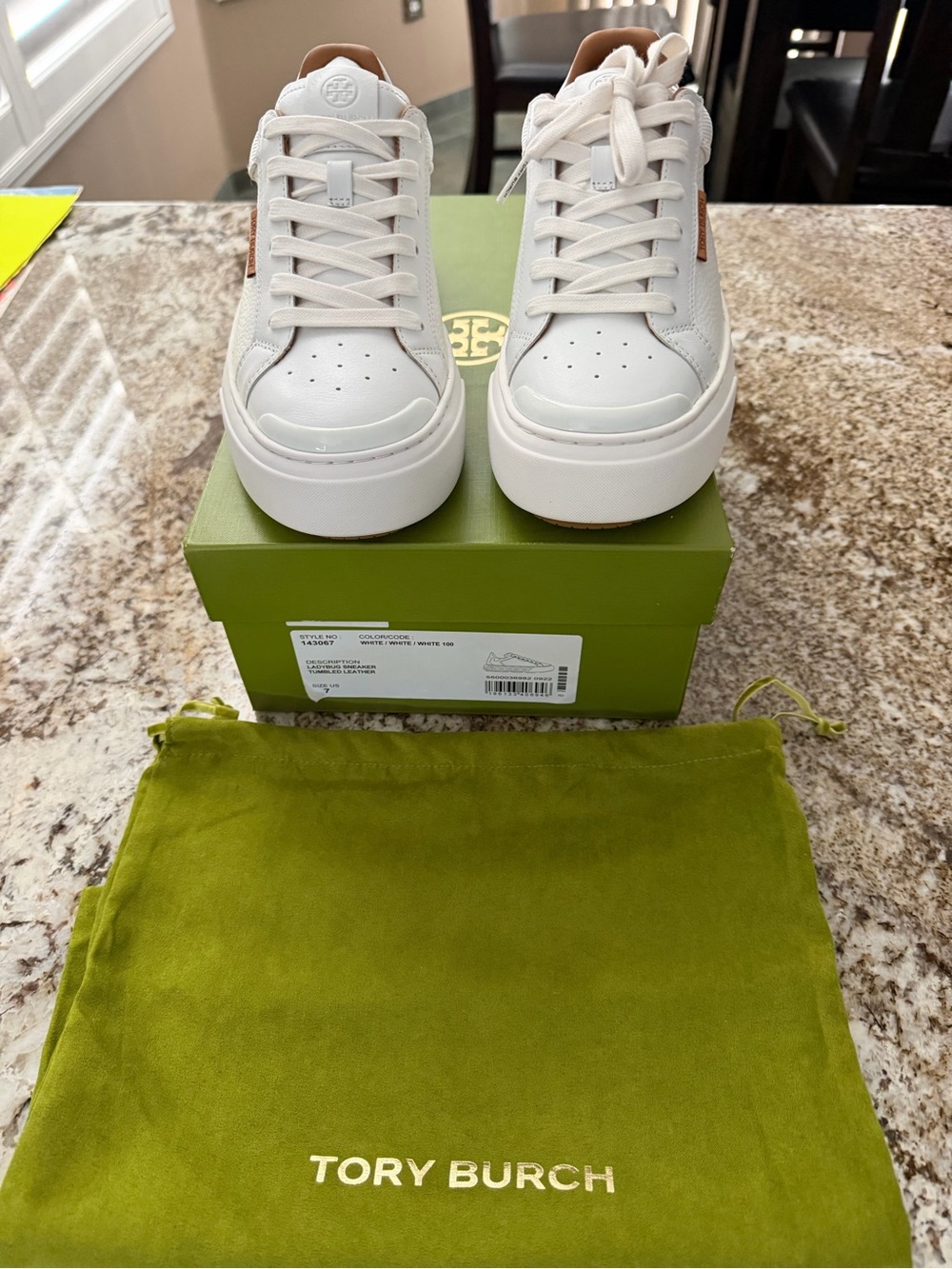 Tory Burch White Leather Platform Ladybug Sneakers with Tan Accents
